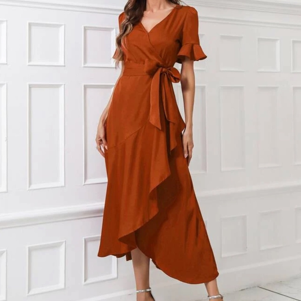 Boho flounce sleeve belted wrap dress - Picture 14 of 16